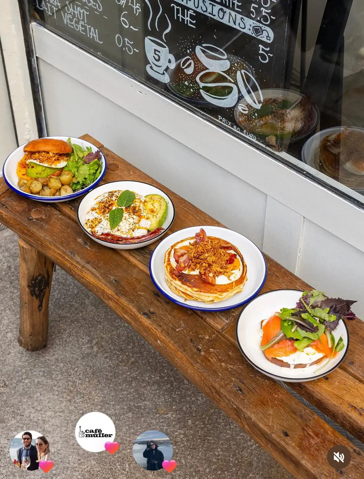 Brunch spread on the bench outside 5 Pailles