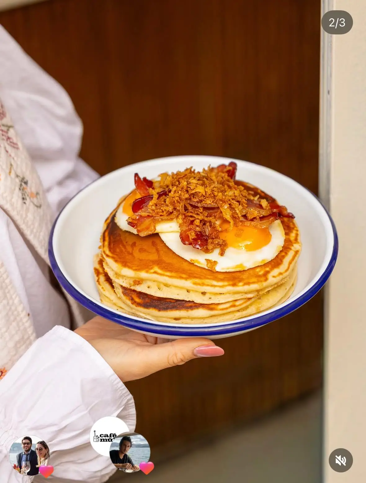 Savoury pancake stack with egg, bacon and crispy onions